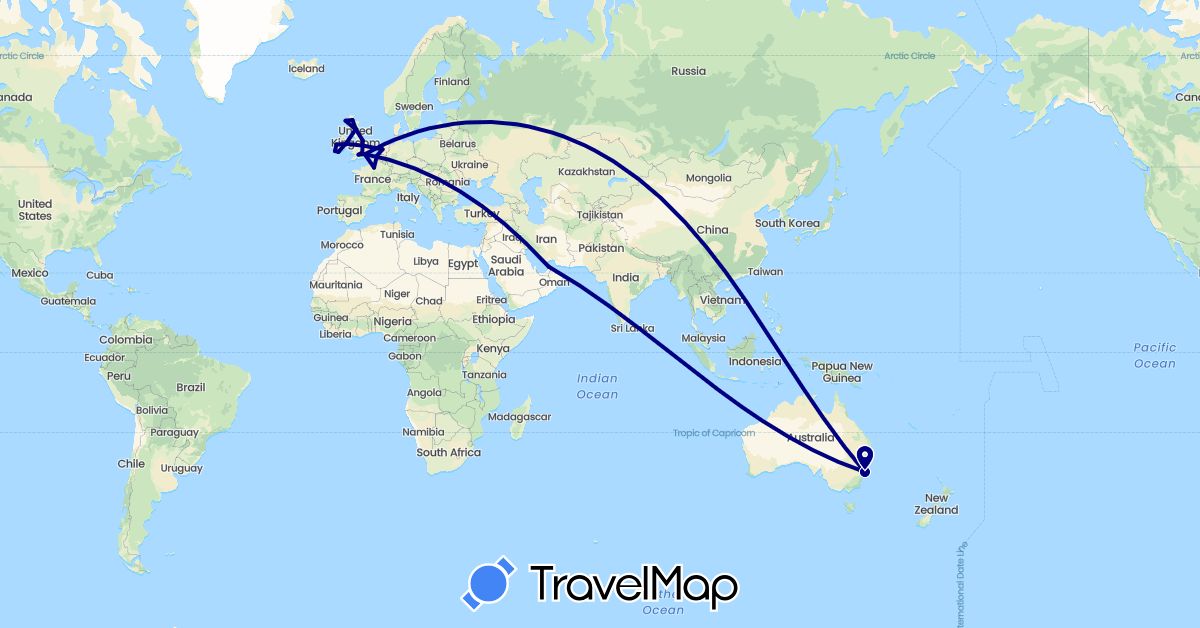 TravelMap itinerary: driving in United Arab Emirates, Australia, Belgium, France, United Kingdom, Ireland, Netherlands (Asia, Europe, Oceania)